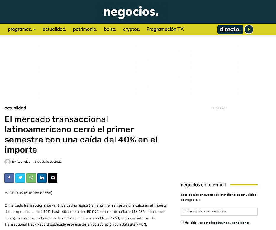 El mercado transaccional latinoamericano cerr el primer semestre con una cada del 40% en el importe